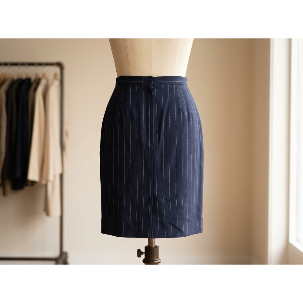 Pinstripe Pencil Skirt Navy Blue Lined Back Zip Kick Pleat Rayon Blend Womens 12